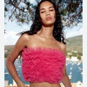 ZARA TULLE KNIT RUFFLED STRAPLESS TOP FUCHSIA S NWT
